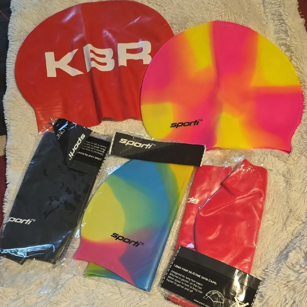 Sporti & KBR Swim Caps - Bright Multi and Solid Red